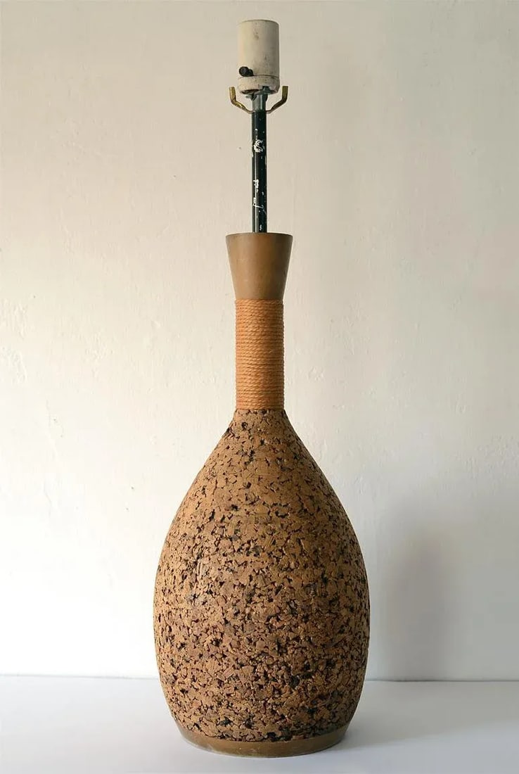 Vintage Mid-Century Modern Cork & Jute Table Lamp - 12