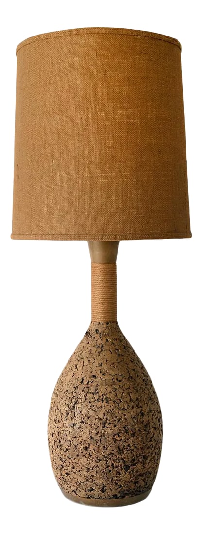Vintage Mid-Century Modern Cork & Jute Table Lamp: Stunning vintage mid century modern table lamp with a rarely seen combination of cork and jute! The materials used are reminiscent of many of Arthur Umanoff's designs. Cork body with a jute neck and
