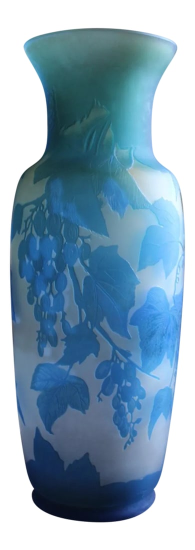 French Turquoise Blue and White Cameo Glass Vase, Signed: The colors of this French cameo glass vase are what first attracted me to it, the intense turquoise blue showcased beautifully against the white background. Most American collectors are familiar with 