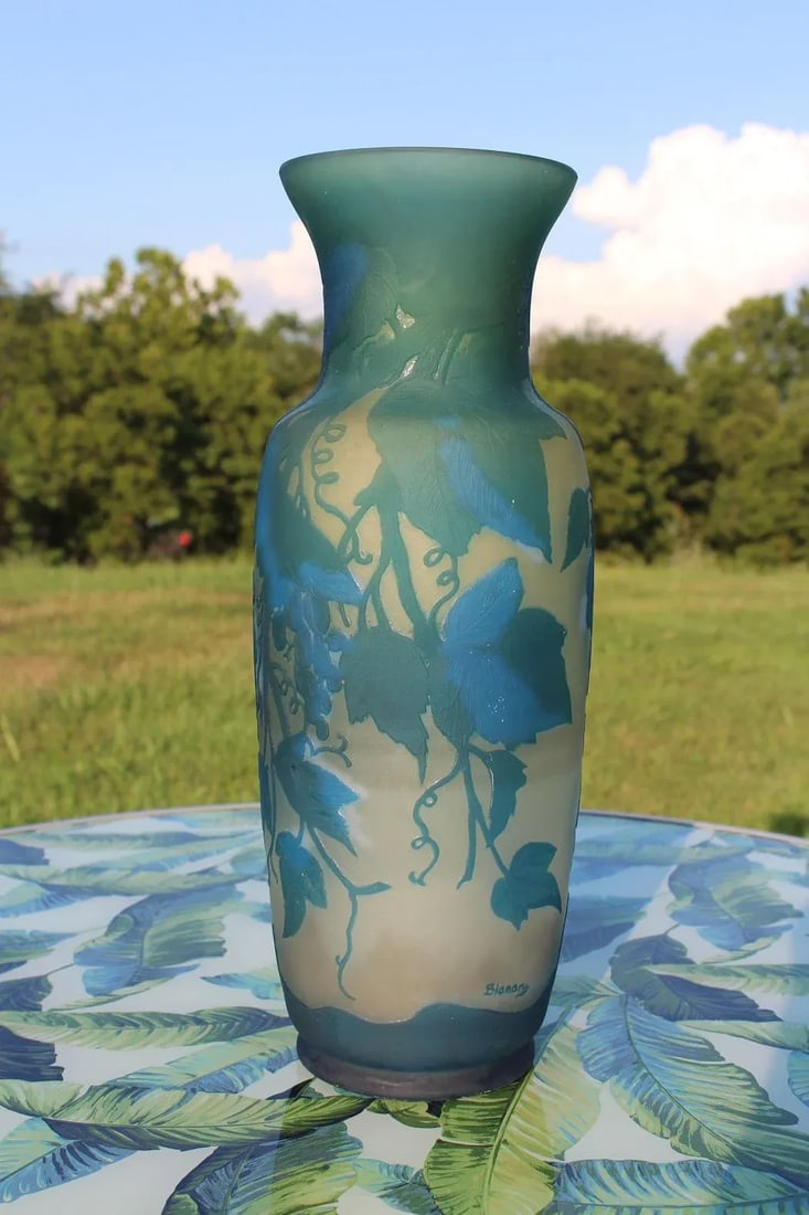 French Turquoise Blue and White Cameo Glass Vase, Signed - 5