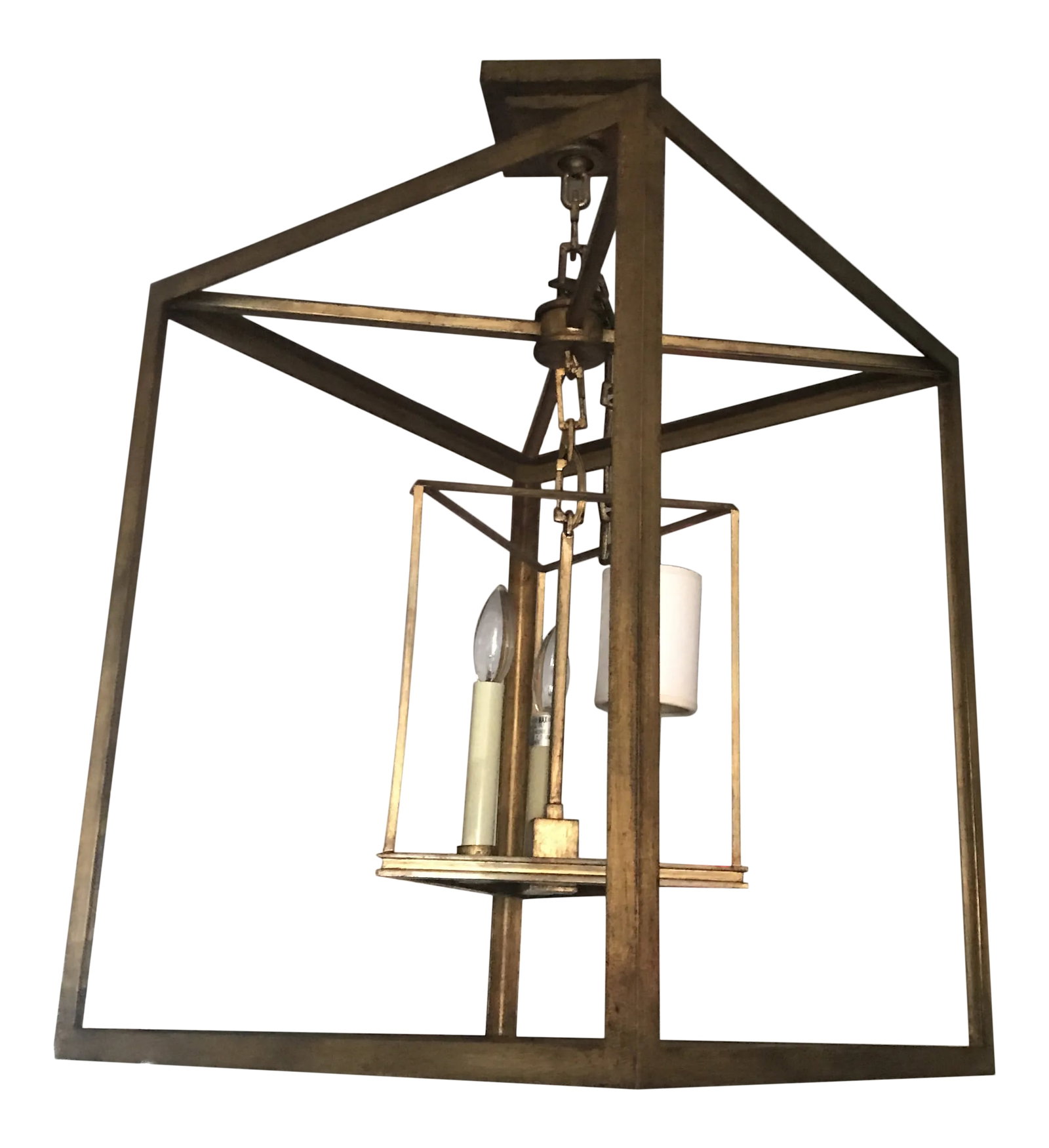 Osbourne Lantern in Gilded Iron: Visual Comfort's Osborne Lantern in Gilded Iron in glowing gold. Height: 22" x Width: 18" Canopy: 5.5" Square Socket: 3 - E12 Candelabra Wattage: 3 - 60 C Condition: Imperfections: No Imperfections