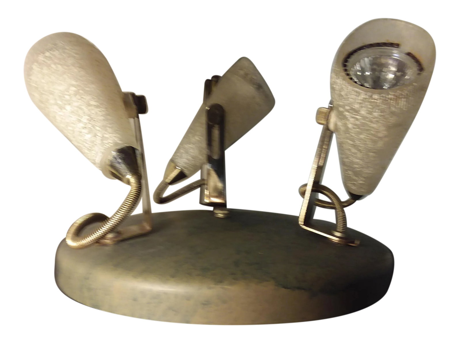 Memphis Style Three Light Flush Mount: 1980s Memphis style flush mount made of glass and steel with 3 halogen lights that are individually adjustable, very cool design and color scheme. Condition: Alterations: Original Condition Unaltered