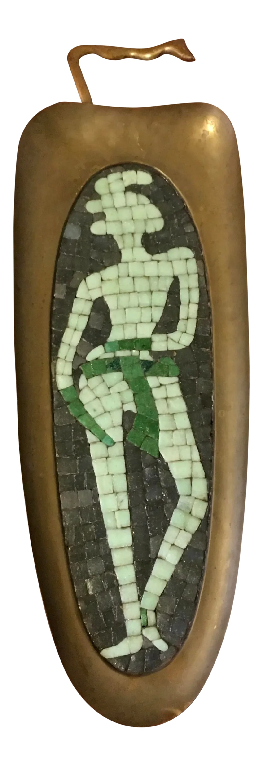 Mexican Mosaic by Salvador Teran: Mexican modernist figural glass-tile mosaic and aged brass tray by Salvador Teran. Marked on the reverse. Can be used as a tray or has a ring on the reverse to hang. Mexico, 1950's Condition: