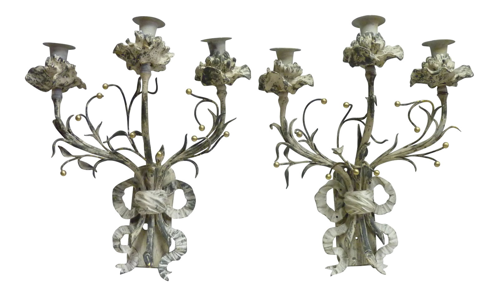 French Bronze Sconces - a Pair: Circa 1920's French Bronze three arm sconces, over painted with grey paint, small brass orbs added later, floral candlecups, screw into the wall through holes in the backplates, for candles, priced