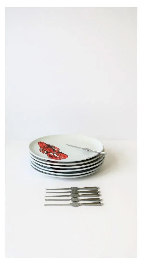Vintage Designer Italian Lobster Plates With Forks From Sweden - Set of 6 - 13