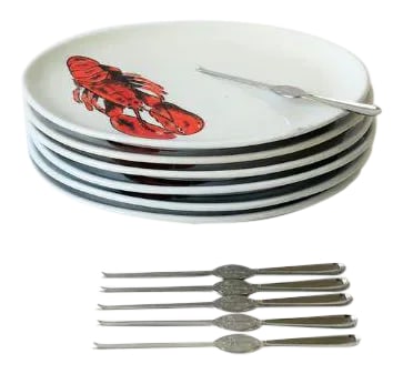 Vintage Designer Italian Lobster Plates With Forks From Sweden - Set of 6: A great set of 6 vintage Italian red lobster and white ceramic pottery oval plates by designer Ed Langbein, Italy. All are marked "Ed Langbein', 'Italy', 'Original', on bottom as show in images #11