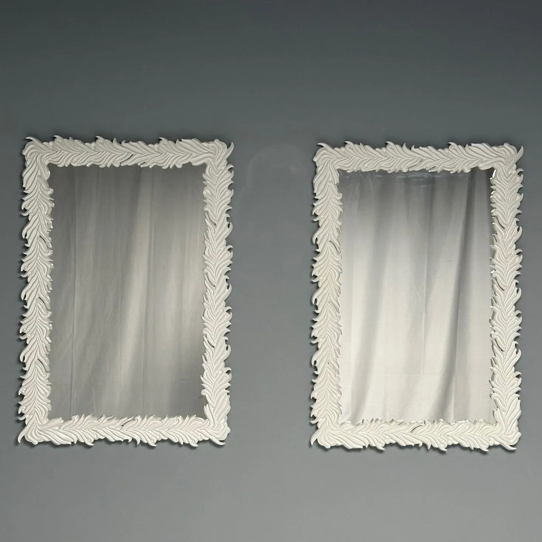 Contemporary Serge Roche Style Rectangular White Lacquer Leaf Wall Mirrors- a Pair - 2