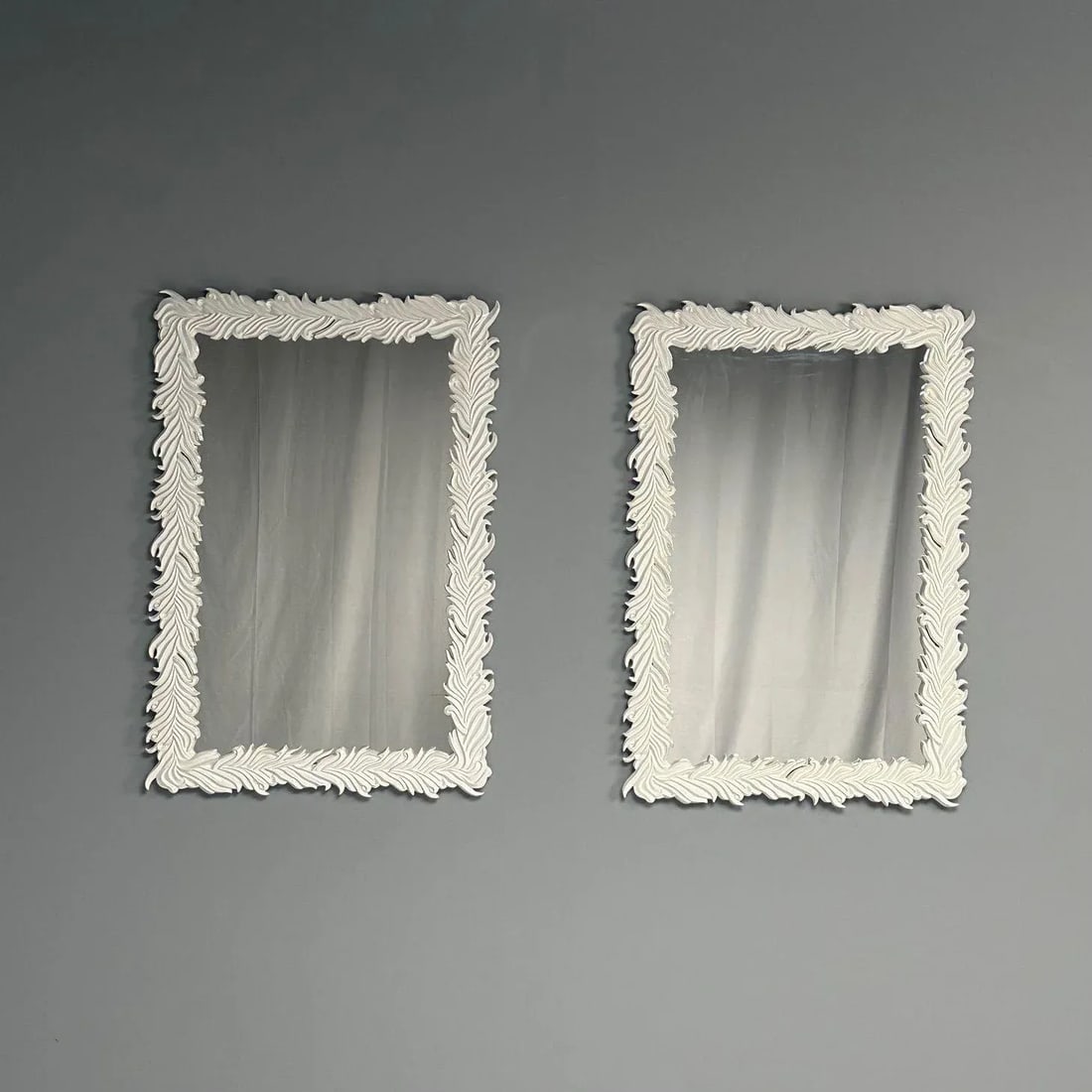 Contemporary Serge Roche Style Rectangular White Lacquer Leaf Wall Mirrors- a Pair - 3