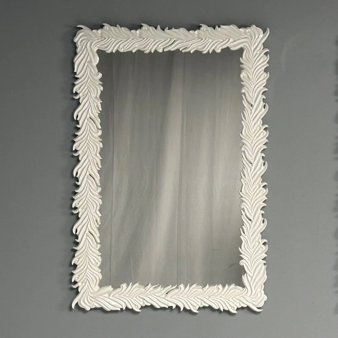 Contemporary Serge Roche Style Rectangular White Lacquer Leaf Wall Mirrors- a Pair - 4