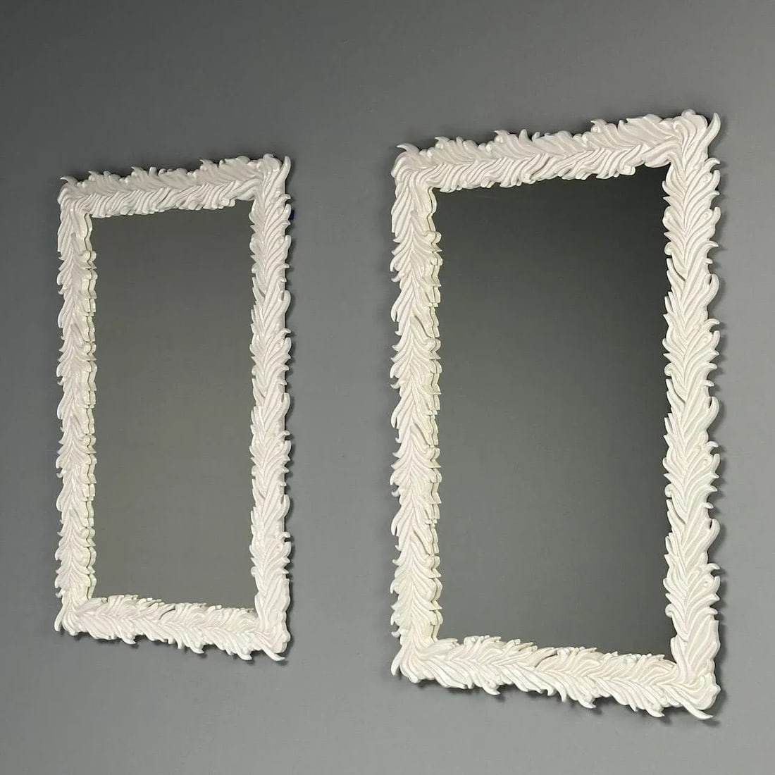 Contemporary Serge Roche Style Rectangular White Lacquer Leaf Wall Mirrors- a Pair - 5