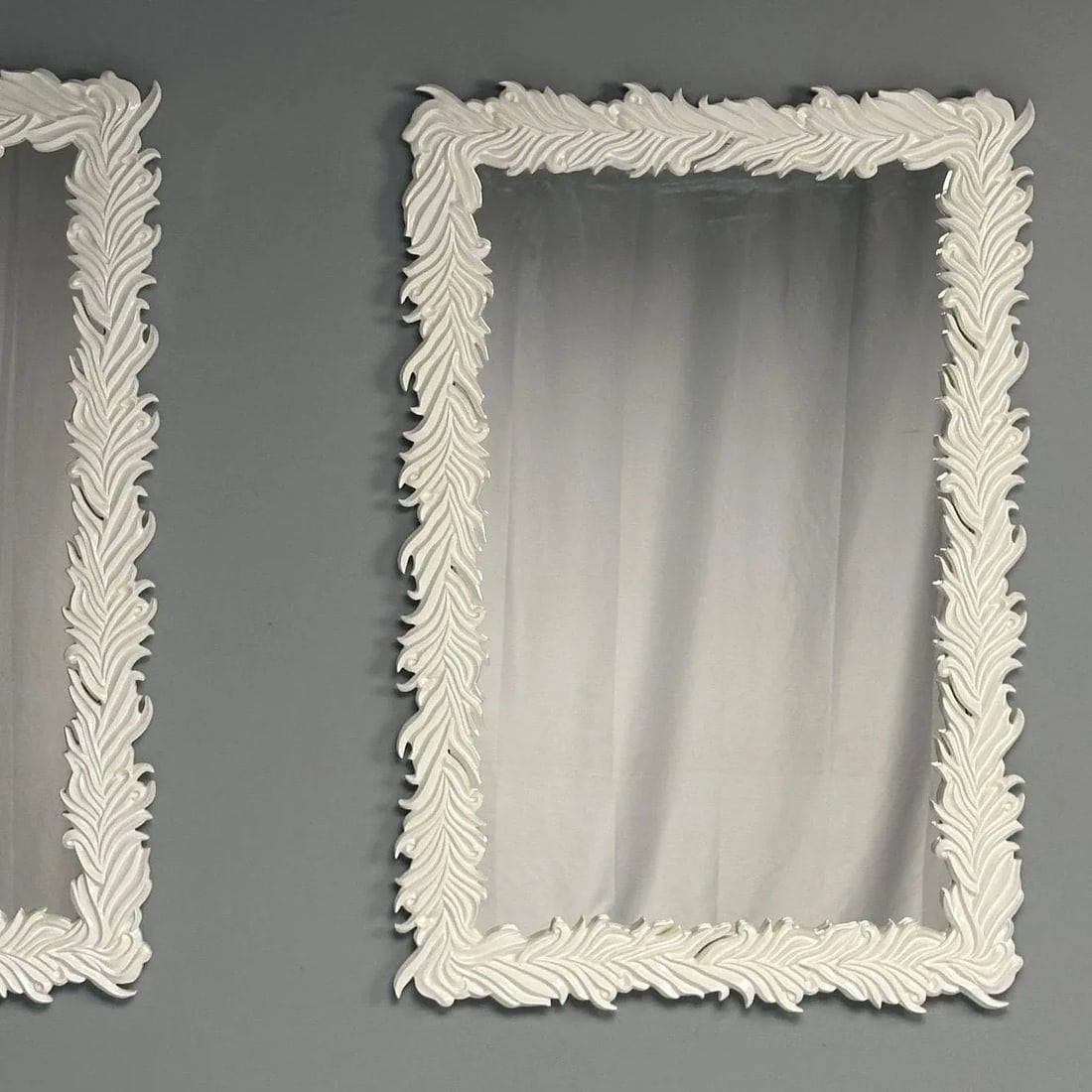 Contemporary Serge Roche Style Rectangular White Lacquer Leaf Wall Mirrors- a Pair - 7