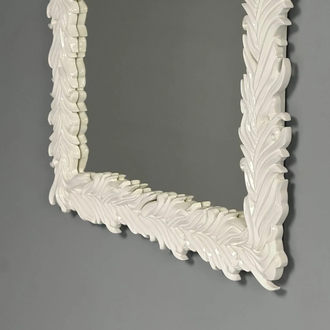 Contemporary Serge Roche Style Rectangular White Lacquer Leaf Wall Mirrors- a Pair - 9