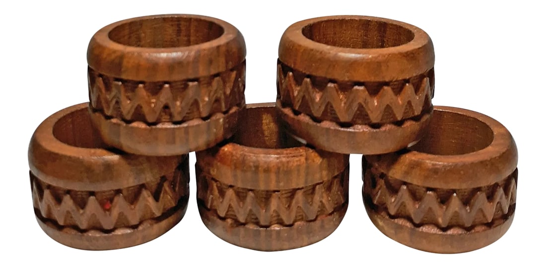 Vintage Carved Teak Napkin Rings From India - Set of 5: Set of 5 vintage carved teak wood napkin rings. Hand crafted in India. Unique zigzag carved design. Excellent vintage condition. Condition: Alterations: Original Condition Unaltered Imperfections: