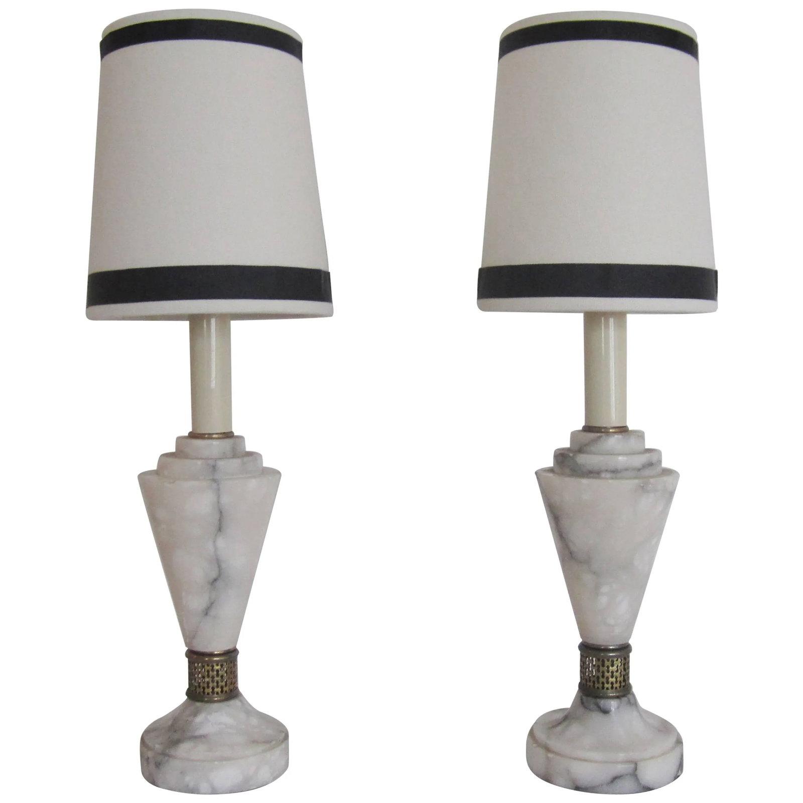 Art Deco White Carrara Marble Table or Bedside Lamps, Pair - 11
