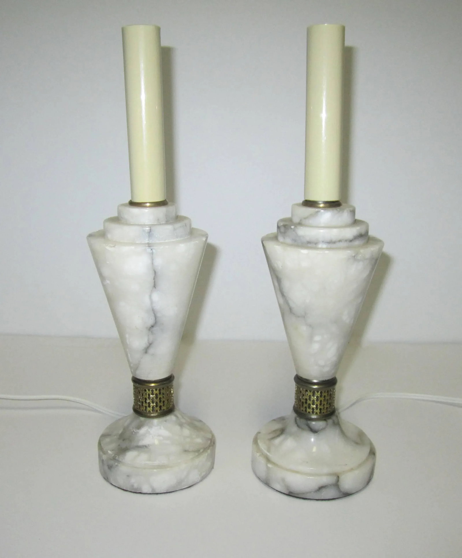 Art Deco White Carrara Marble Table or Bedside Lamps, Pair - 3