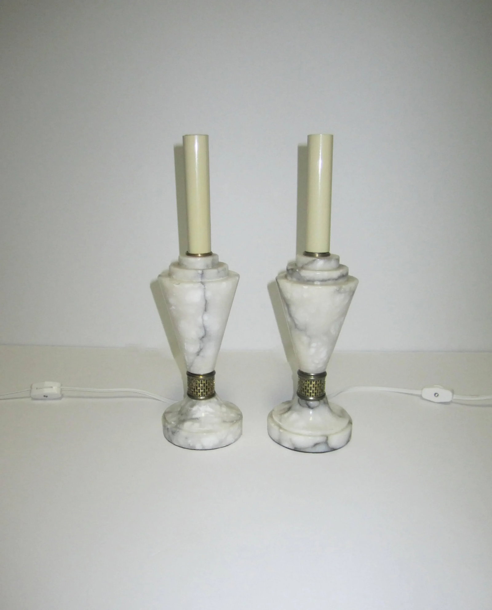 Art Deco White Carrara Marble Table or Bedside Lamps, Pair - 4