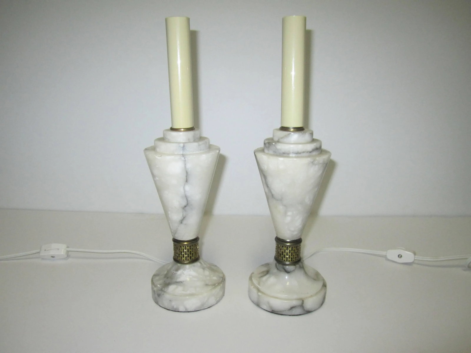 Art Deco White Carrara Marble Table or Bedside Lamps, Pair - 6