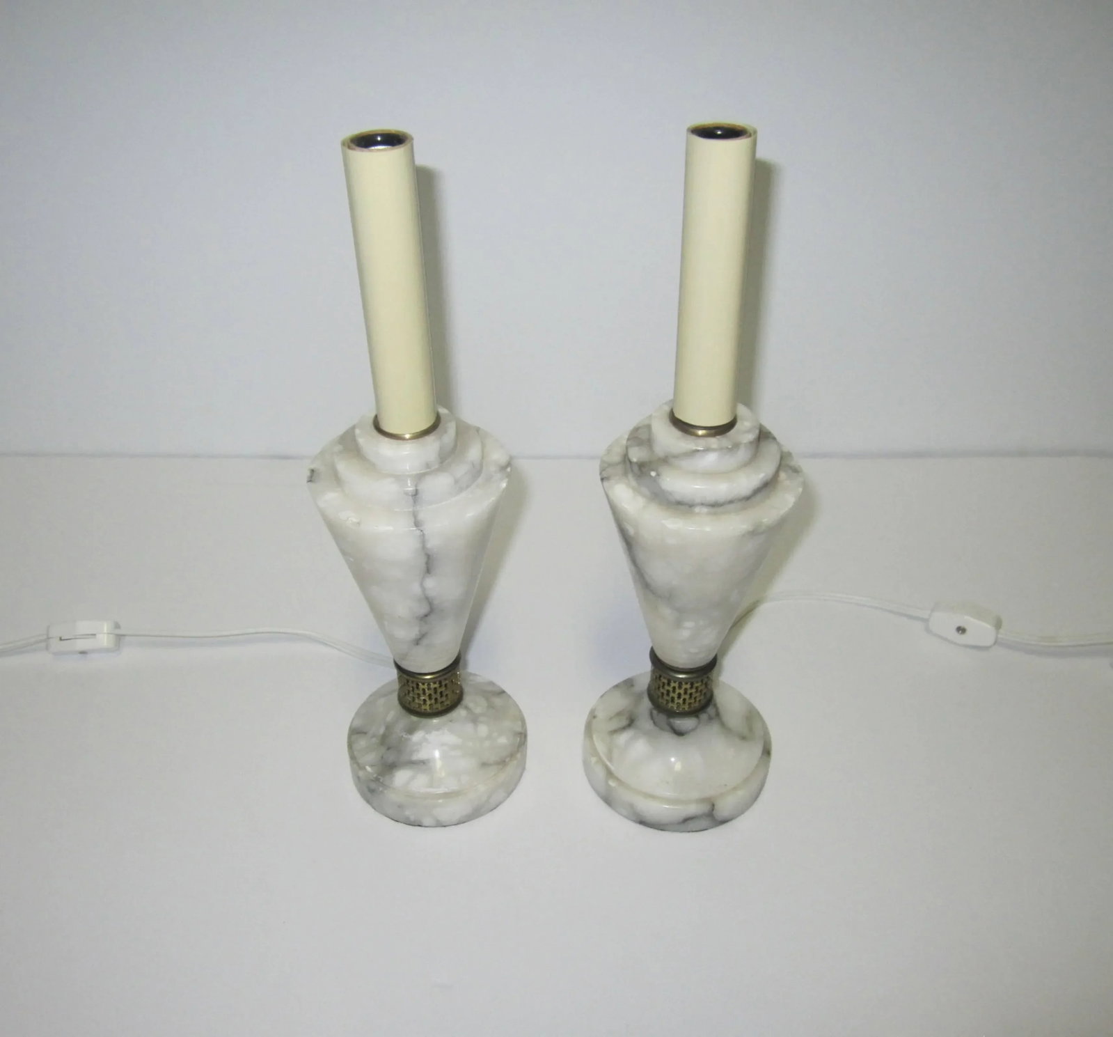 Art Deco White Carrara Marble Table or Bedside Lamps, Pair - 7