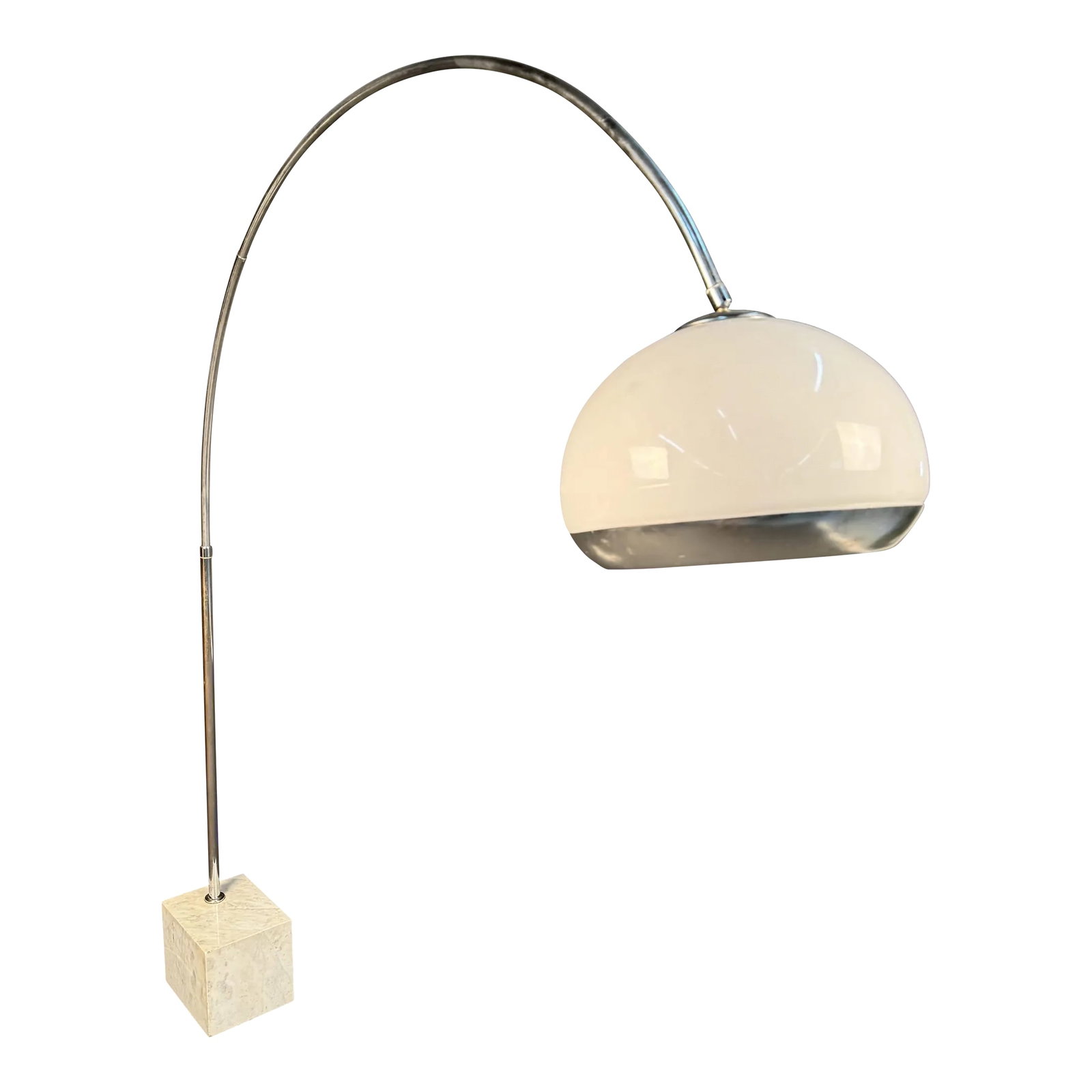 1970s Harvey Guzzini Attibuted Arc Floor Lamp: For your consideration, an iconic Mid-Century designed lamp by Harvey Guzzini. Featuring a large marble base with dramatic arc arm stem and white acrylic shade. Push-button floor switch for easy