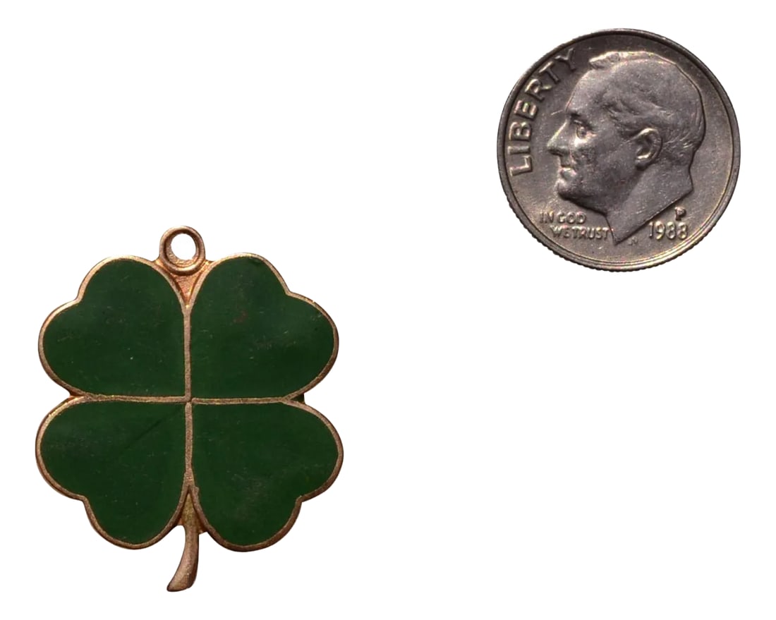 The 170th Street: Signed Large Size Four Leaf Clover: The 170th Street: Signed Large Size Four Leaf Clover. The clover features four lucky leaves finished with green enamel with a slightly darkened patterned center. The 1 inch pendant is crafted in 14
