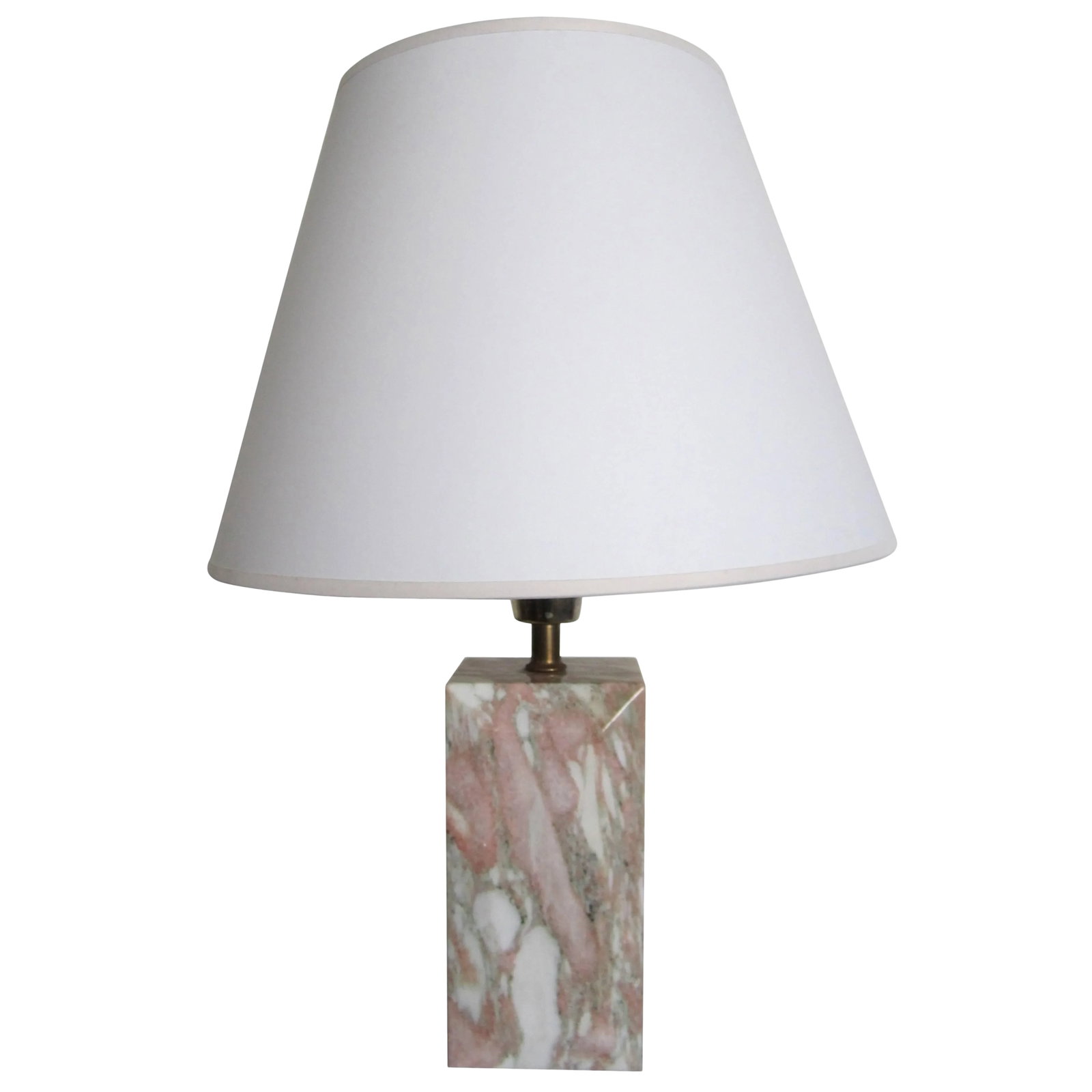 Modern Pink and White Solid Marble Desk or Table Lamp: A chic, beautiful, and substantial vintage '70s Modern or Post Modern marble table or desk lamp, circa 1970s. Marble is polished, rectangular in shape, and has an 'emerald cut' detail on front and bac
