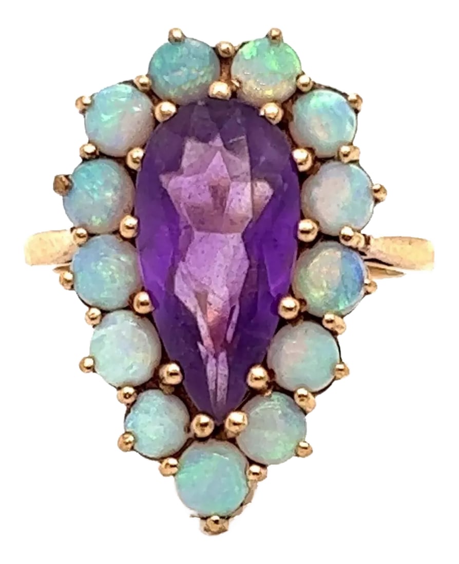 Amethyst & Opal Pear Shape 9k Yellow Gold European Ring: This is a vintage large pear shape ring, it is crafted from solid 9k yellow gold with a large pear shape amethyst gemstone mounted in the center surrounded with small round cut opal stones. It has