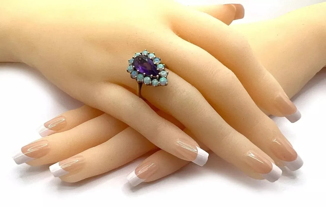 Amethyst & Opal Pear Shape 9k Yellow Gold European Ring - 2