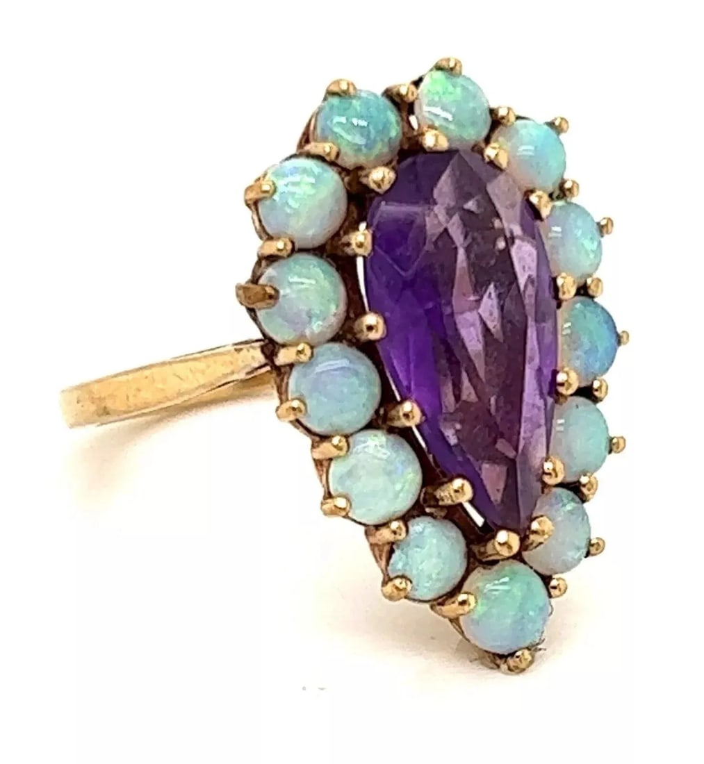 Amethyst & Opal Pear Shape 9k Yellow Gold European Ring - 4
