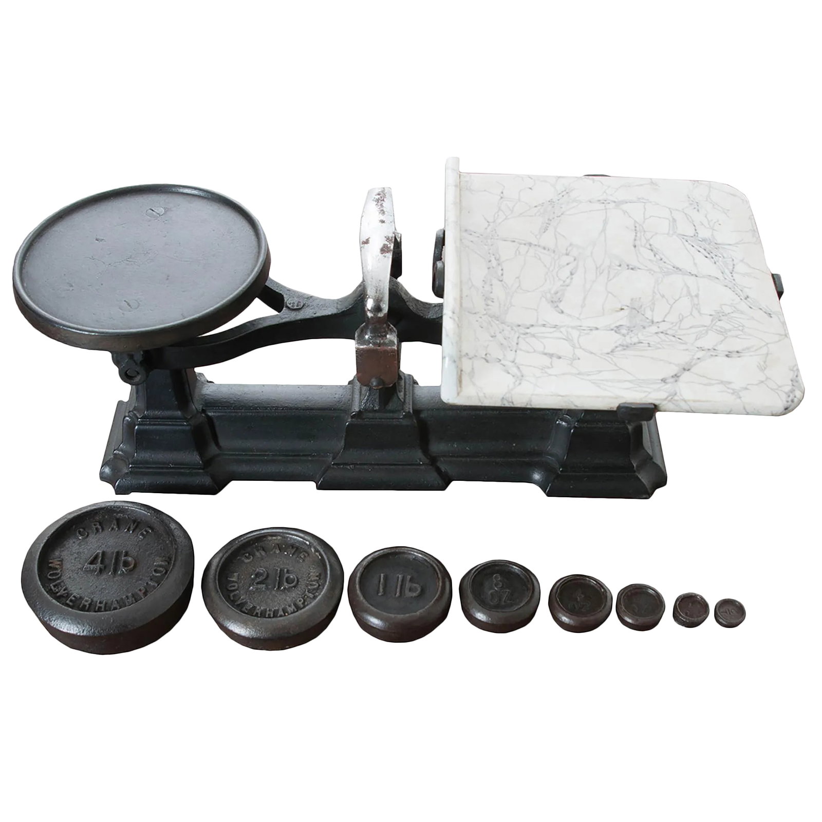 English Victorian Cast Iron Scale & Weights - 9 Pc. Set: English late 19th century cast iron scale with a porcelain weighing platform that has been glazed to appear as marble. This scale comes with eight original weights that can be stacked: 4lb, 2lb, 1lb,