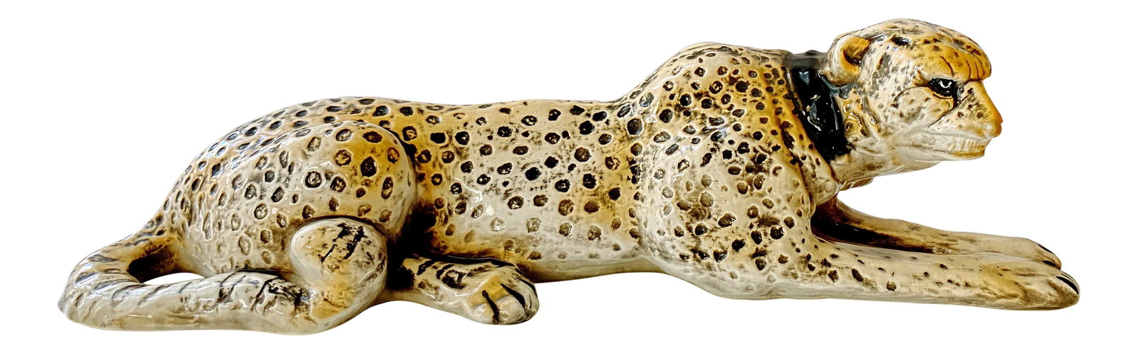 Large 1970 California Pottery Leopard Cat Sculpture, Glazed Ceramic Hollywood Regency Icon: A striking vintage 1970 California Pottery leopard cat sculpture, hand-painted and finished in a luminous crackle glaze of beige, ochre, and black. This reclining leopard showcases beautifully