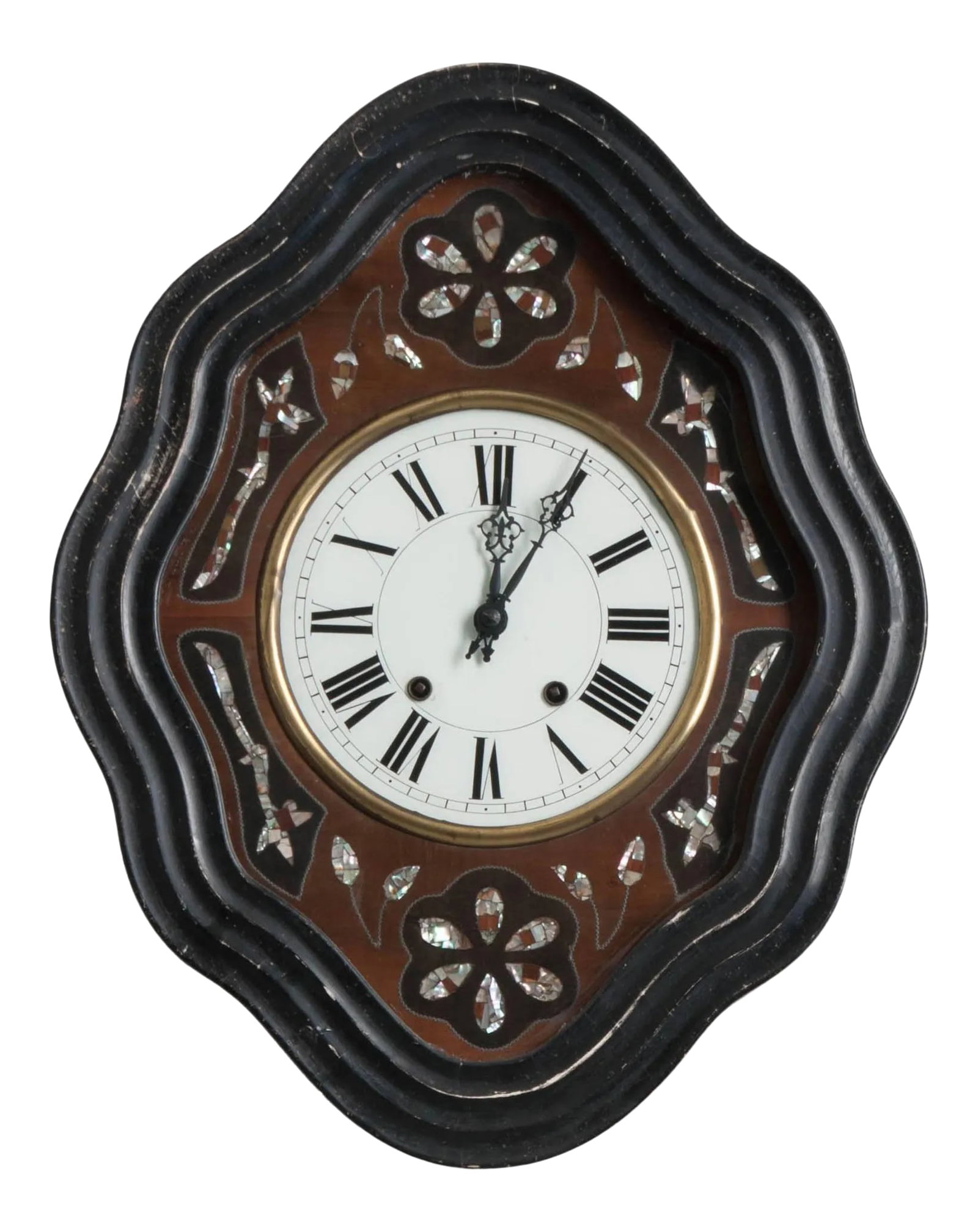 French 19th Century Napoleon III Mother-of-Pearl Inlay Wall Clock: This mid-19th century (Napoleon III style) clock is stunning with its diamond shaped, rippling clock frame of ebony painted wood. Floral and foliate designs are carefully inlaid around the the