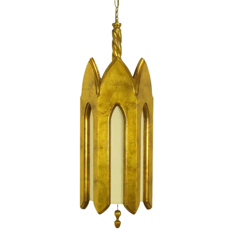 Gilt Wood & Ivory Silk Gothic Style Pendant Light.: Gilt and carved wood pendant light with gothic styling, laminate backed ivory silk panels and center pull chain with wood finial. Single socket illumination. Condition: Alterations: Original