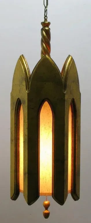 Gilt Wood & Ivory Silk Gothic Style Pendant Light. - 3