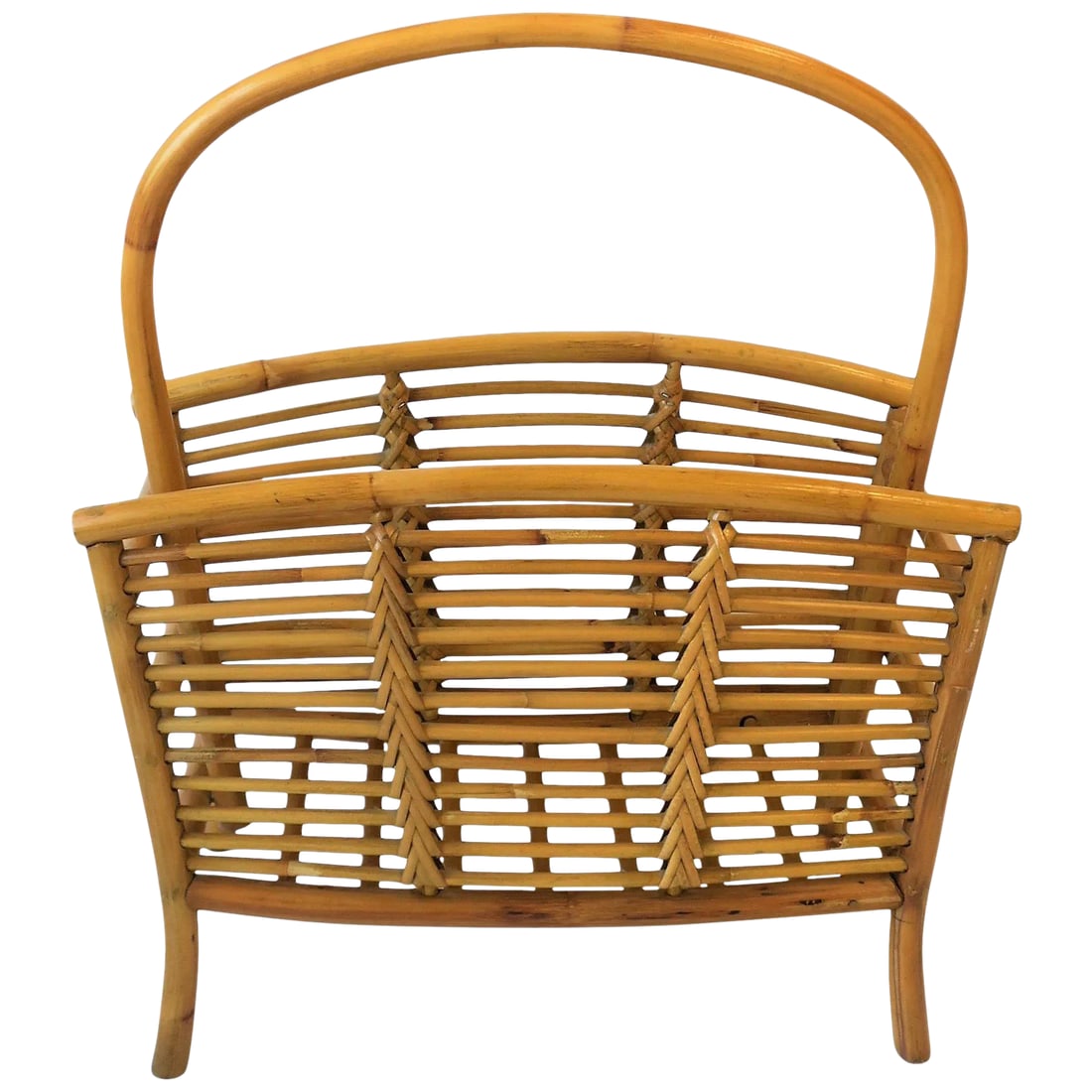 Wicker Rattan Bamboo Magazine Rack or Holder, Circa 1970s: A vintage wicker, rattan, and bamboo magazine and book rack holder, circa late 20th century. Piece measures: 22.75 in. H to top of handle 19.5 in. W x 9 in. D. Condition: Alterations: Original