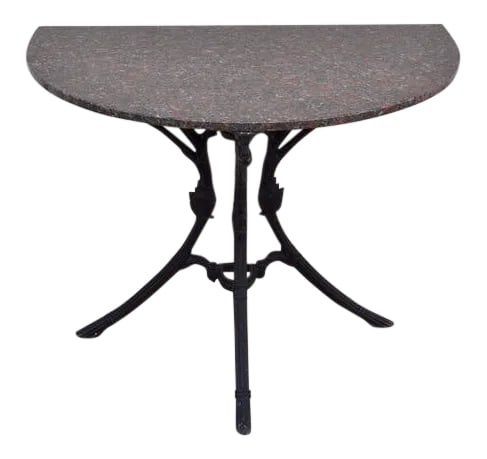 Molla Black Painted Aluminum and Red Granite Console Table: Molla black painted aluminum and red granite console table, designed as bound reeds possibly Lotus, probably 1950s granite top 1" thick, metal top 31" wide by 19" deep Condition: Alterations: