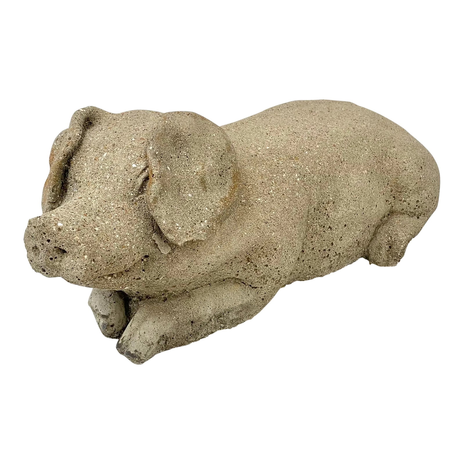 20th Century Vintage Concrete Garden Pig Statue: Decorate a kitchen counter or a patio with this adorable concrete pig. Made of concrete, the pig has a rich weathered texture finish and a wonderful patina. For indoor or outdoor use. Felt pads have