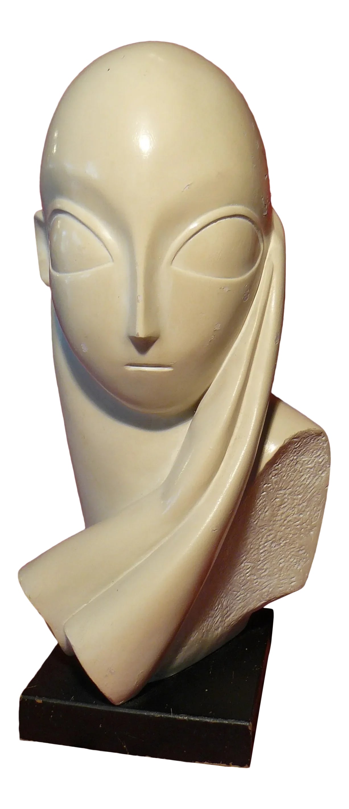 Mid 20th Century Plaster Sculpture: Austin Productions Inc's Mademoiselle Pogany, after Constantin Brancusi, copyrighted 1961. A plaster bust on a black plinth. I am the only owner of this piece, which I purchased in the early 1980s,