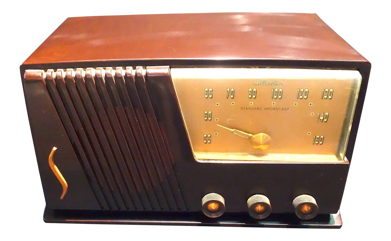 Silver Tone Circa 1950 Radio Offers a Deco Look: Submitted for your consideration is this Circa 1950 Silver Tone Vintage Radio with an Chocolate Brown colored early plastic cabinet and golden dial and all original knobs. All original and sold as a d
