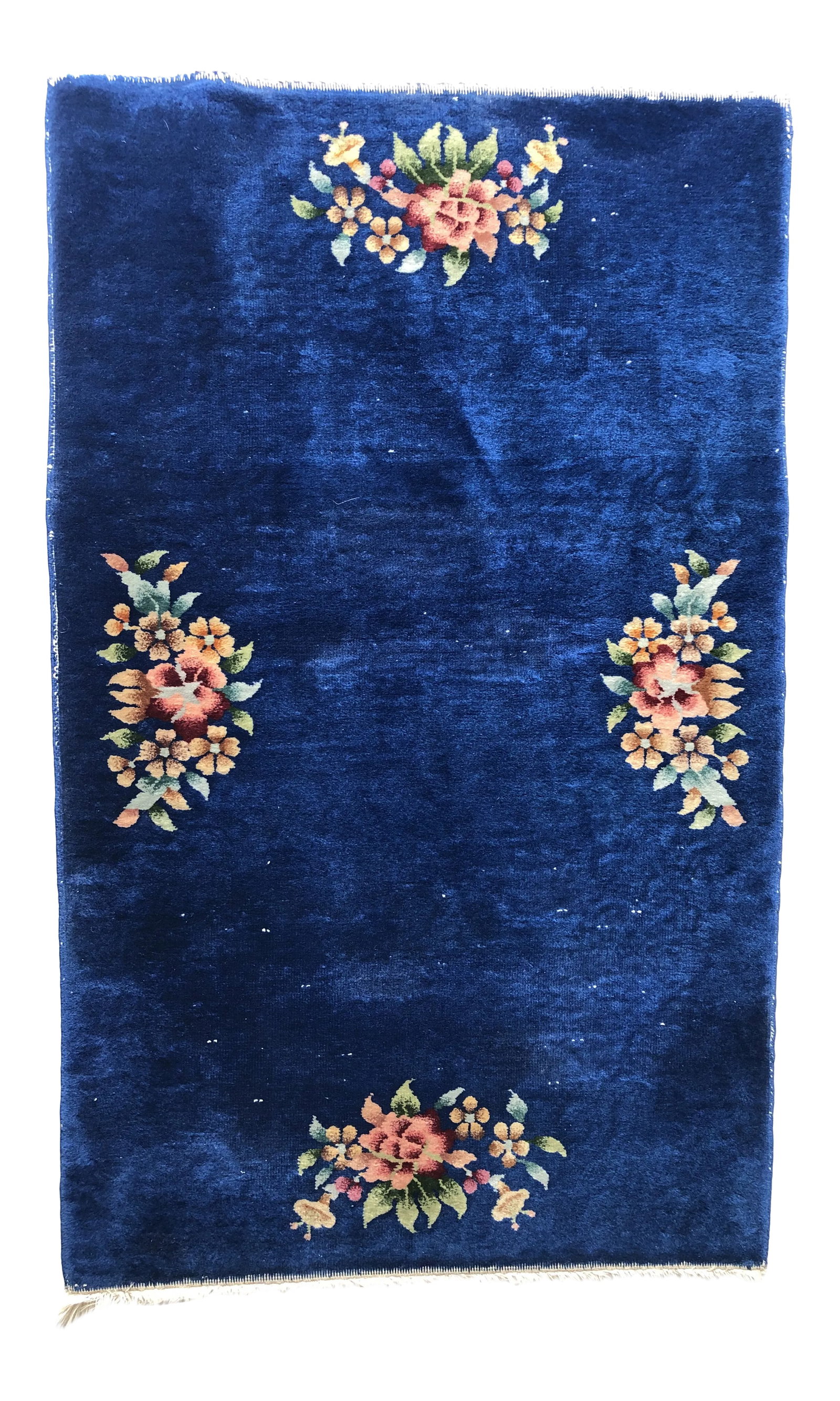 Vintage Royal Blue Handmade Chinese Oriental Rug 35"w X 58"l: Vintage royal blue handmade chinese oriental floral design rug with low pile wool on cotton foundation 35"w x 58"l in very good condition. Condition: Alterations: Original Condition Unaltered