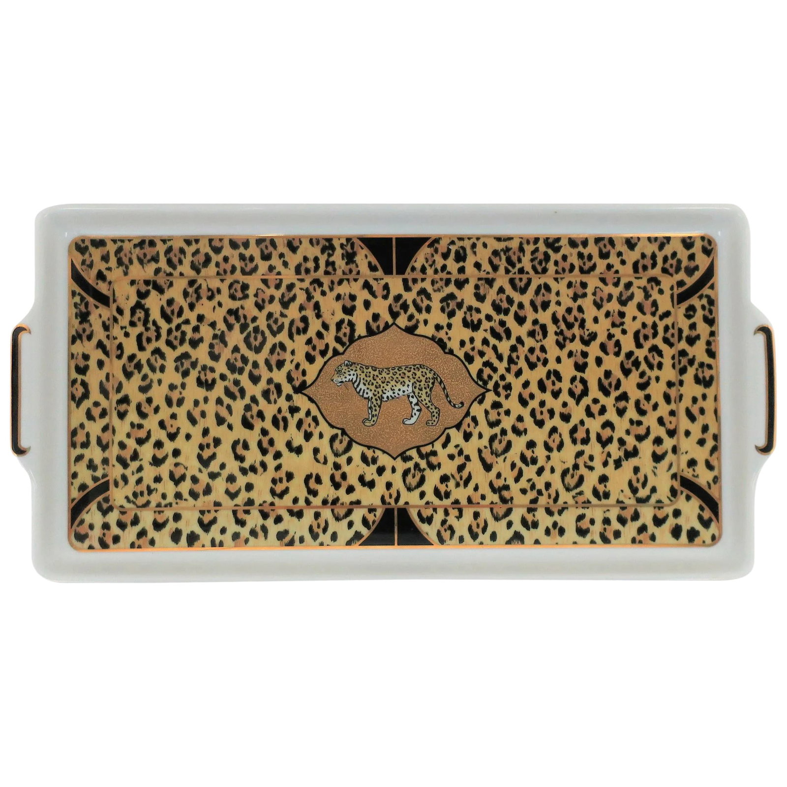 Porcelain Tray Animal Jaguar Cat by Designer Lynn Chase, 1990s: A beautiful '90s designer 'Amazonian Jaguar' cat porcelain rectangular serving tray, by Lynn Chase, 1994, circa late-20th century. Tray, with center jaguar cat, is white porcelain with tan, black and