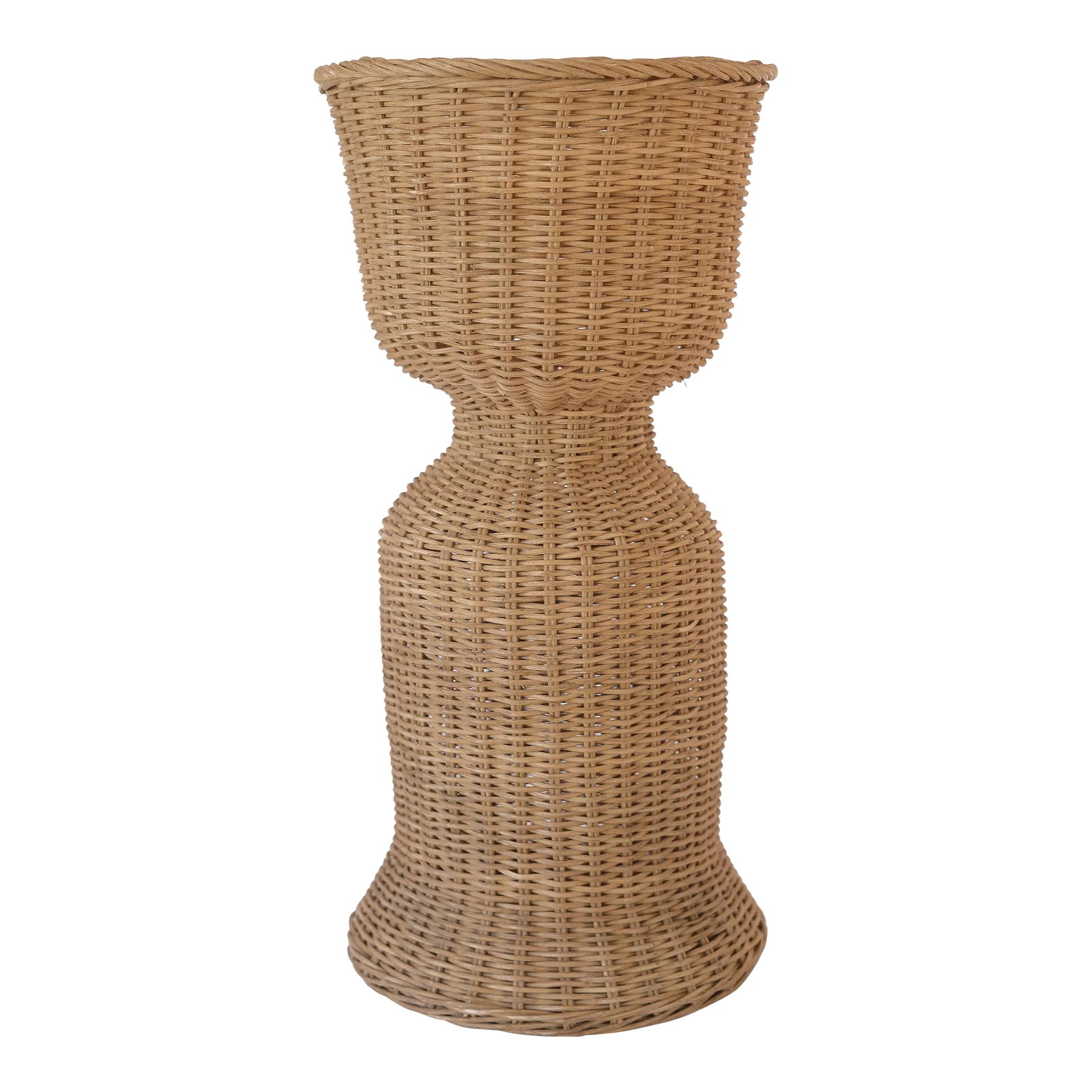 Vintage Boho Wicker Rattan Pedestal Plant Stand: Charming vintage 70s pedestal wicker plant stand made of rattan. It should be able to hold a planter what is around 13" max in diameter on the top and about 10" tall but it all depends on how tapered