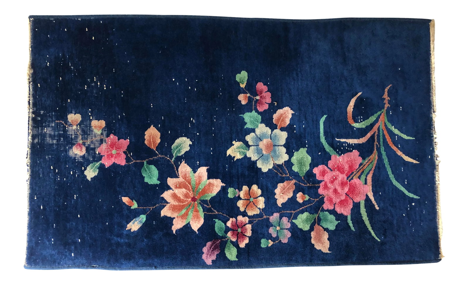 Vintage Royal Blue Handmade Chinese Oriental Rug 35"w X 58"l: Vintage Royal Blue handmade Chinese oriental rug with floral design , low pile wool on cotton foundation, 35"W X 58"L Very good condition. Condition: Alterations: Original Condition Unaltered