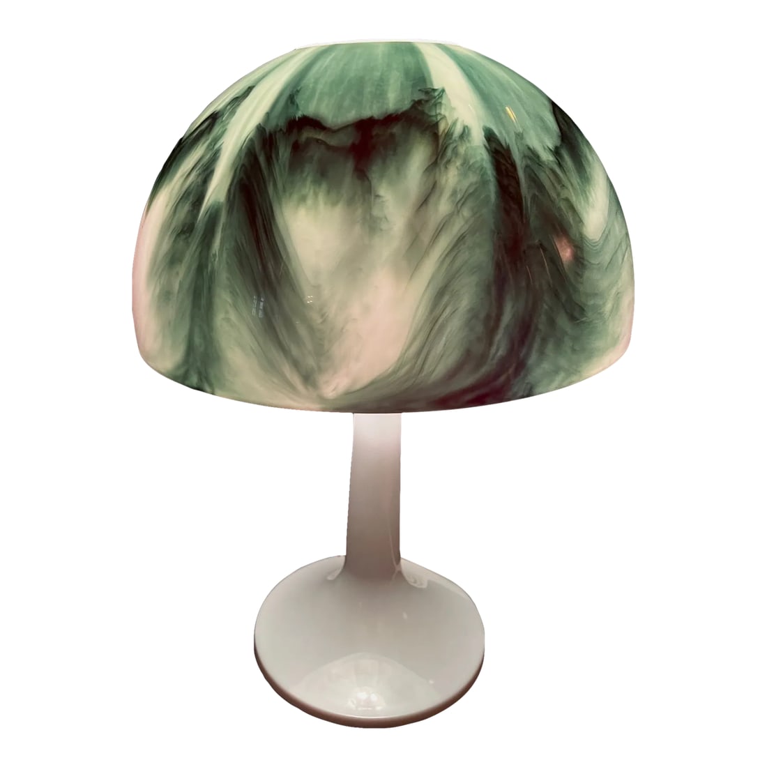 1960s Marbled Mushroom Lamp: Fun 1960s modern marbled mushroom lamp by Gilbert Softlite in a green and white made of molded plastic with tulip base. So striking when lit! No makers mark. DIMENSIONS: 7.5"W x 7.5"D x 17"H SHADE:
