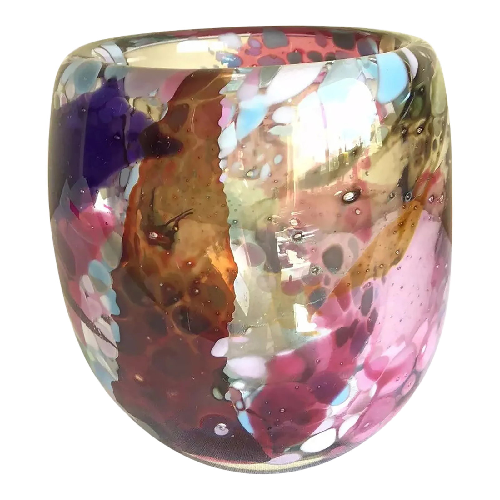 Signed Vintage 1988 John Gerletti Colorful Hand Blown Abstract Art Glass Vase: A great vintage signed 1988 John Gerletti colorful hand blown abstract art glass wide mouth contemporary vase. Please see pictures for condition. Has a chip on the bottom as pictured. Measures 5.5"h
