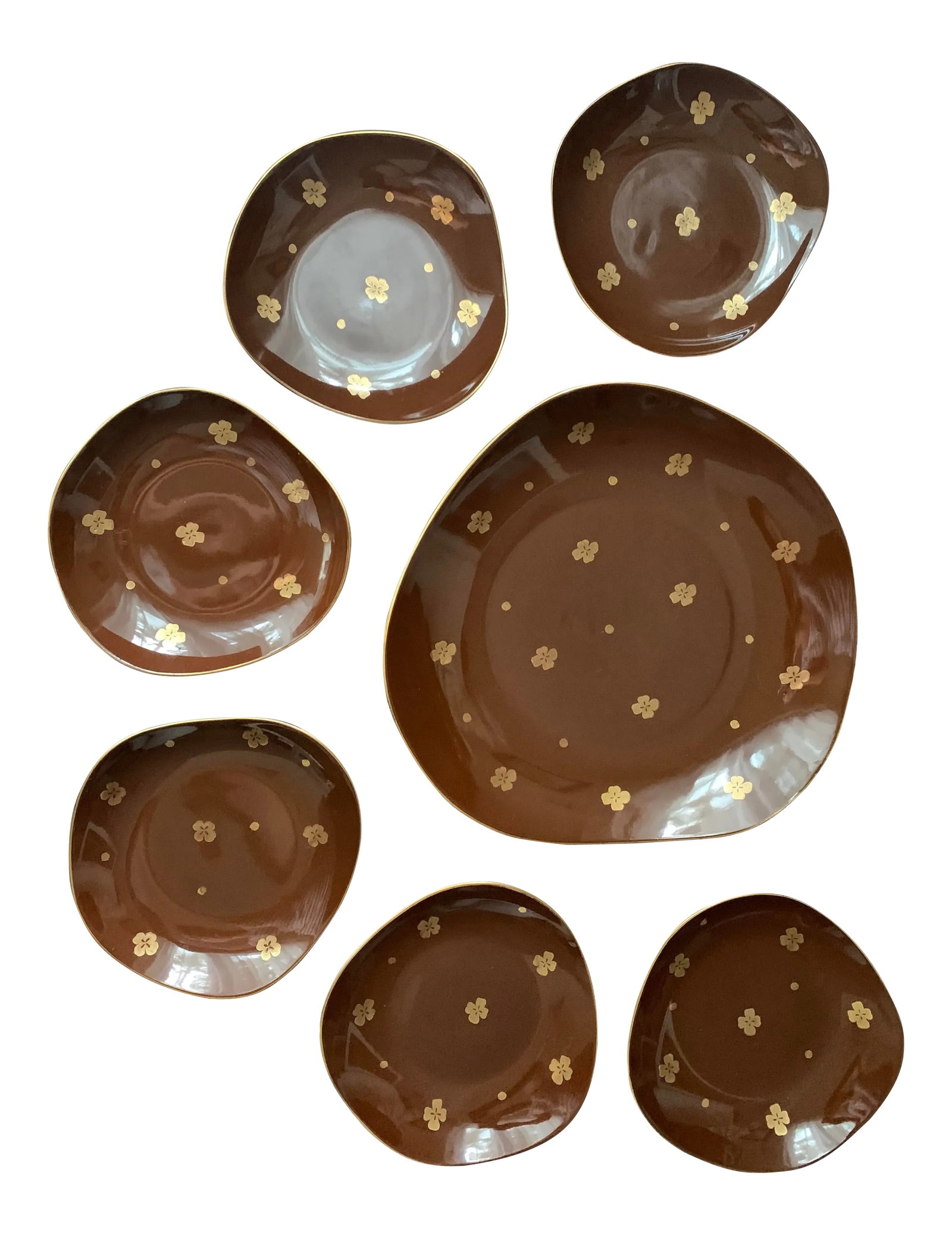 Mid-Century Chocolate Brown & 22k Gold Floral Dessert Plate Set With Freeform Cake Platter - Serving (1 of 11)