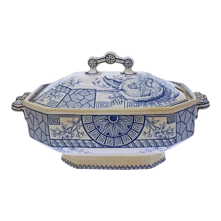 19th Century Davenport Soup Tureen Mersey Aesthetic Blue Transferware Antique Arts & Crafts Pottery: Clearly marked bowl and lid: Davenports Ltd. Longport Registered 4312. Decorated in the Mersey pattern, in a style typical of the Aesthetic period with geometric shapes, vegetation, and superimposed