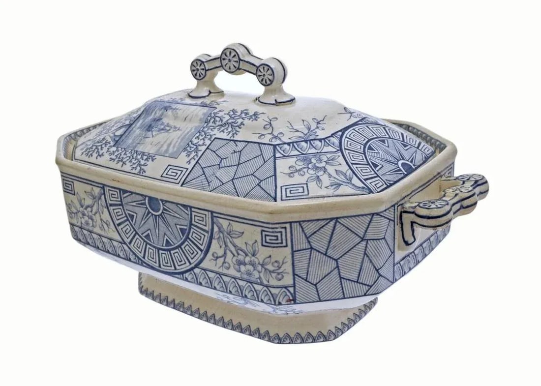19th Century Davenport Soup Tureen Mersey Aesthetic Blue Transferware Antique Arts & Crafts Pottery - 3