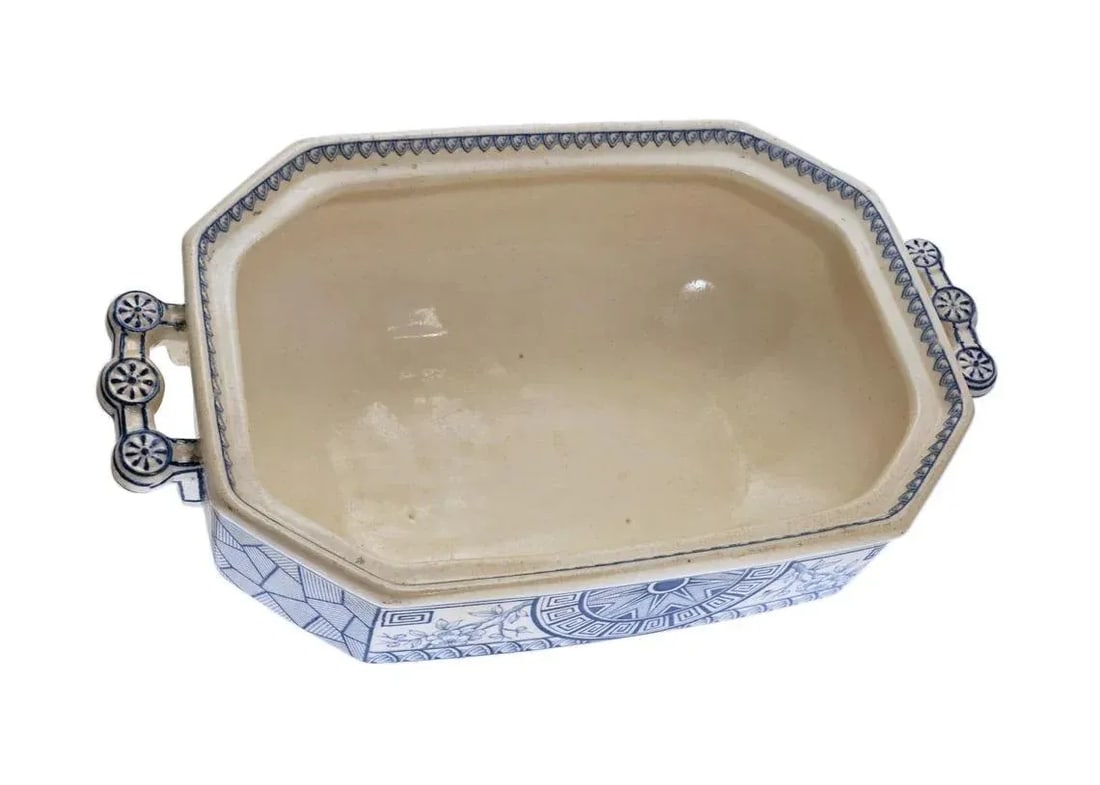 19th Century Davenport Soup Tureen Mersey Aesthetic Blue Transferware Antique Arts & Crafts Pottery - 6