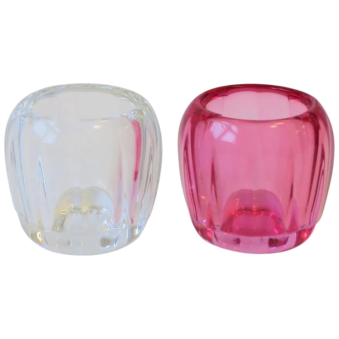 Pink and Clear Crystal Votive Candle Holders by Villeroy & Boch: A very beautiful set of pink and clear crystal votive candle holders by Villeroy & Boch, circa 21st century. Villeroy & Boch was founded in France in 1748. Condition: Alterations: Original Condition