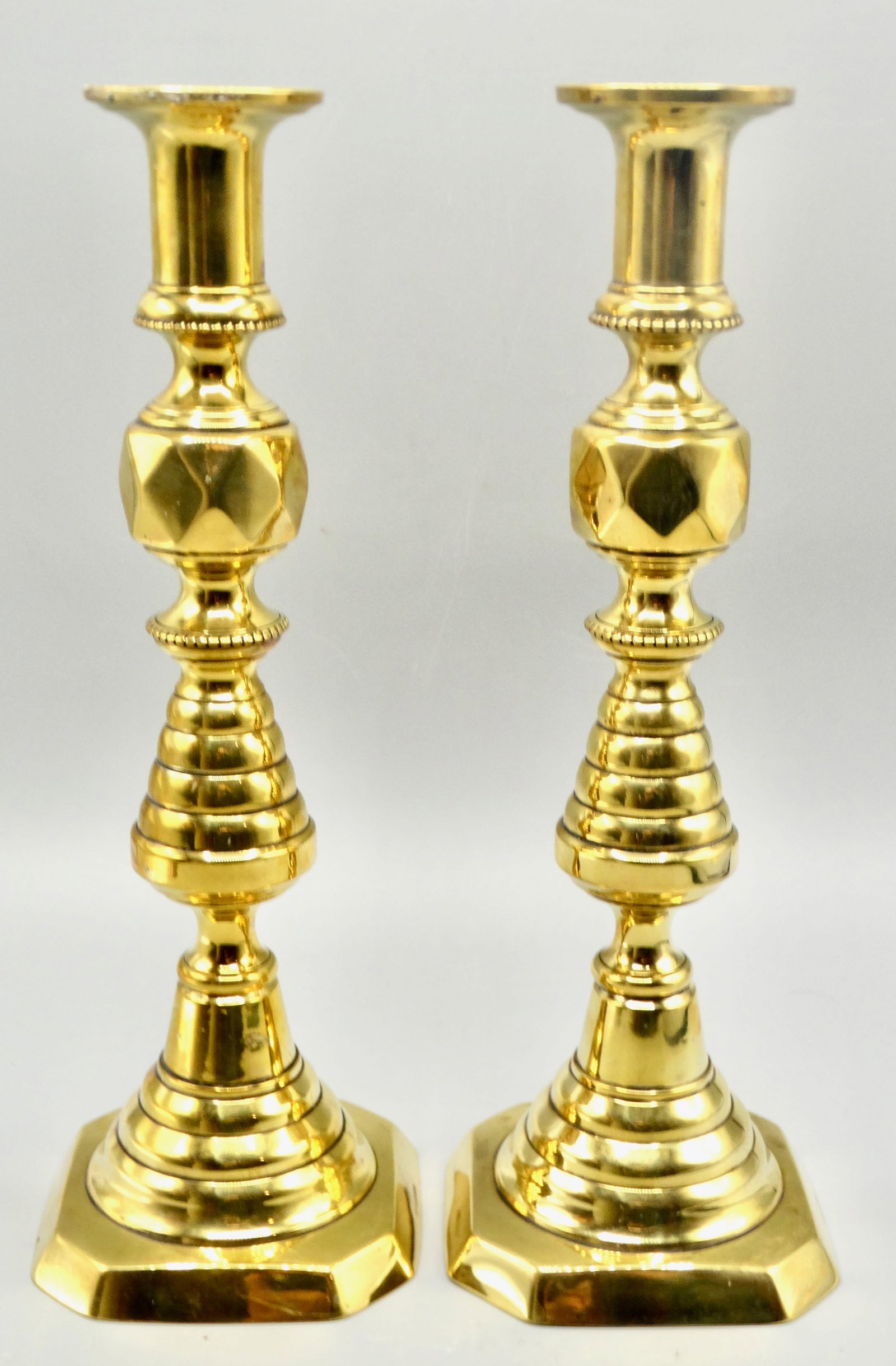 Antique English Brass Push-Up Beehive Candlesticks, a Pair - 2